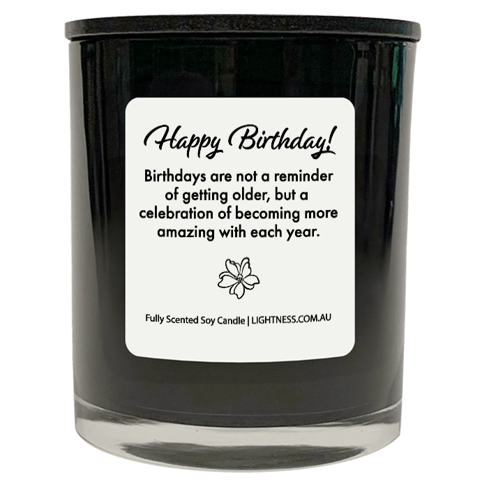 Candle in black glass jar with Birthday quote - Birthdays are not a reminder of getting older, but a celebration of becoming more amazing with each year.