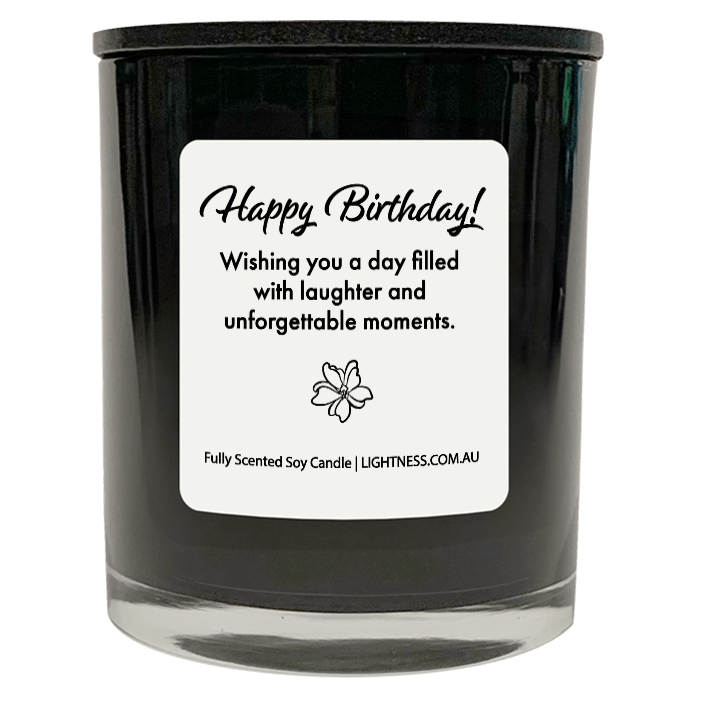 Candle in black glass jar with Birthday quote - Wishing you a day filled with laughter and unforgettable moments.