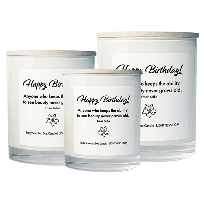 3 Candles in white glass jars - XL, large, medium with Birthday quote - Anyone who keeps the ability to see beauty never grows old.