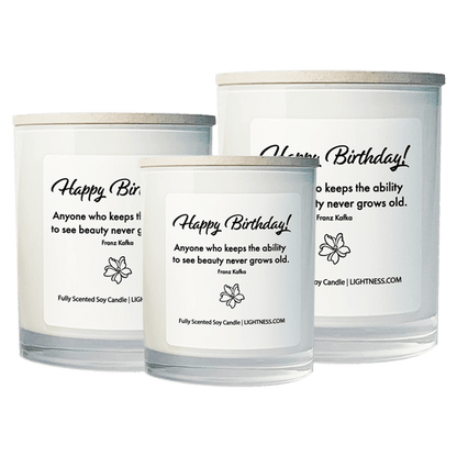 3 Candles in white glass jars - XL, large, medium with Birthday quote - Anyone who keeps the ability to see beauty never grows old.