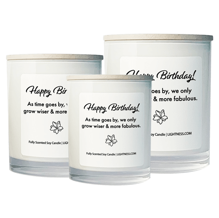 3 Candles in white glass jars - XL, large, medium with Birthday quote - As time goes by, we only grow wiser and more fabulous.