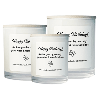 3 Candles in white glass jars - XL, large, medium with Birthday quote - As time goes by, we only grow wiser and more fabulous.