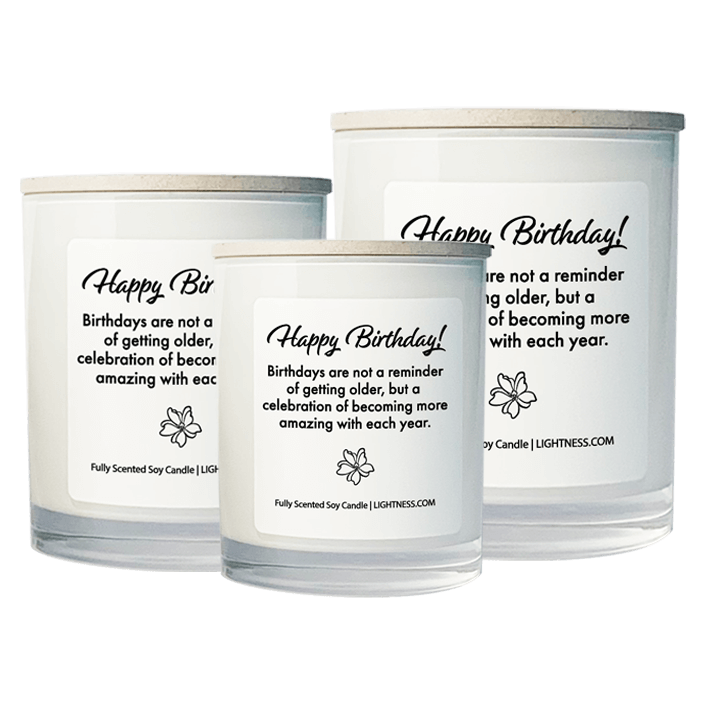 3 Candles in white glass jars - XL, large, medium with Birthday quote - Birthdays are not a reminder of getting older, but a celebration of becoming more amazing with each year.