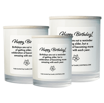 3 Candles in white glass jars - XL, large, medium with Birthday quote - Birthdays are not a reminder of getting older, but a celebration of becoming more amazing with each year.