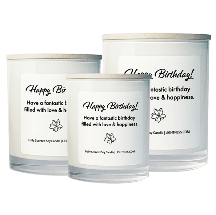 3 Candles in white glass jars - XL, large, medium with Birthday quote - Have a fantastic birthday filled with love and happiness.