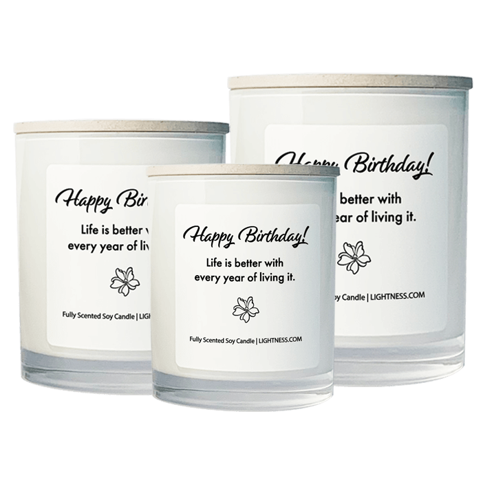 3 Candles in white glass jars - XL, large, medium with Birthday quote - Life is better with every year of living it.