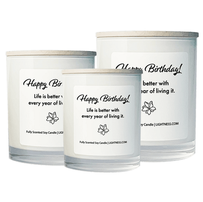 3 Candles in white glass jars - XL, large, medium with Birthday quote - Life is better with every year of living it.