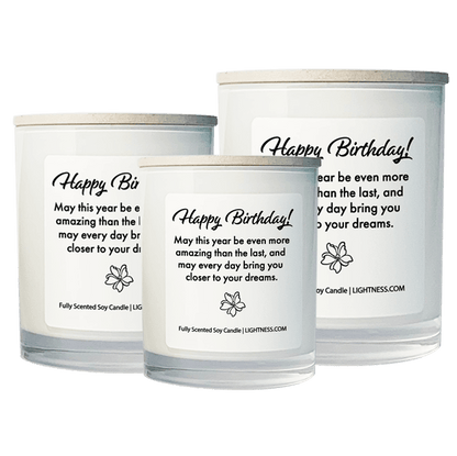 3 Candles in white glass jars - XL, large, medium with Birthday quote - May this year be even more amazing than the last, and may every day bring you closer to your dreams.