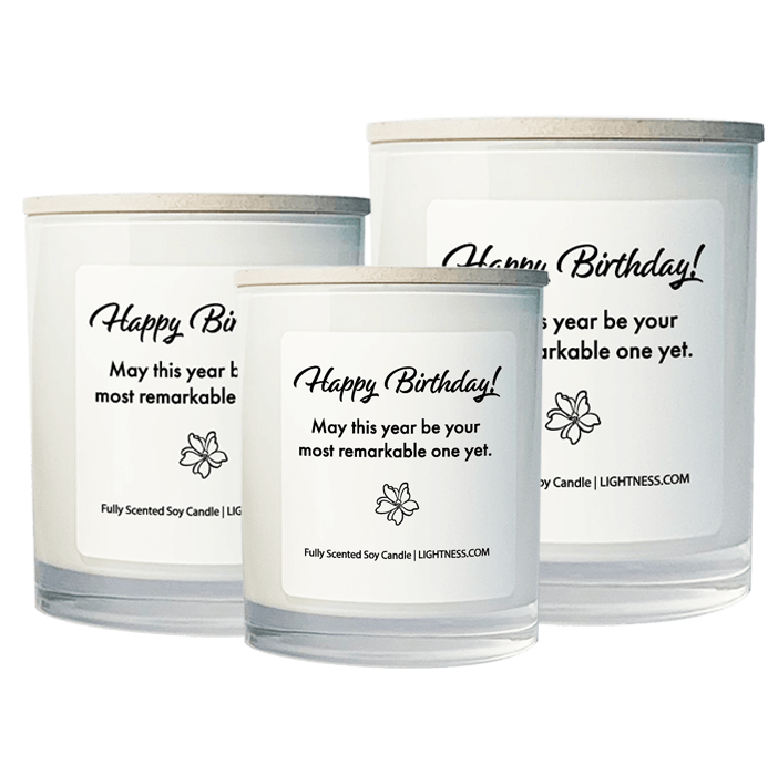 3 Candles in white glass jars - XL, large, medium with Birthday quote - May this year be your most remarkable one yet.