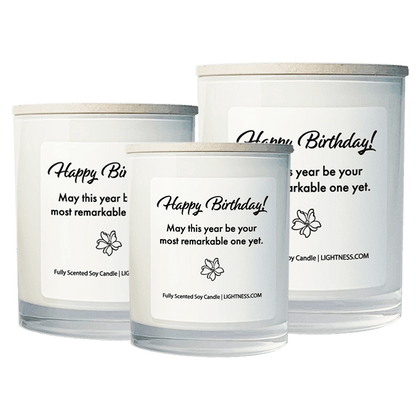 3 Candles in white glass jars - XL, large, medium with Birthday quote - May this year be your most remarkable one yet.