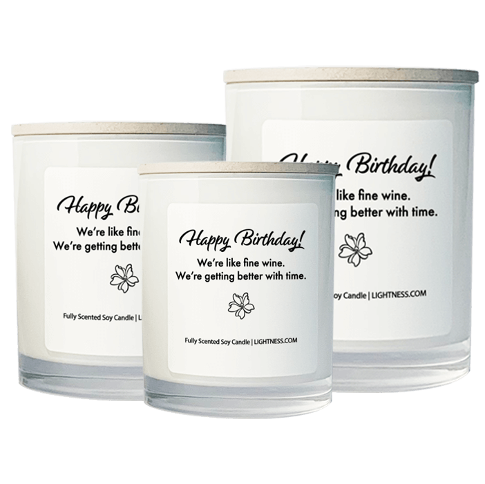 3 Candles in white glass jars - XL, large, medium with birthday quote - Happy Birthday! We're like fine wine. We're getting better with time.