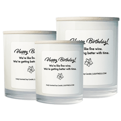 3 Candles in white glass jars - XL, large, medium with birthday quote - Happy Birthday! We're like fine wine. We're getting better with time.