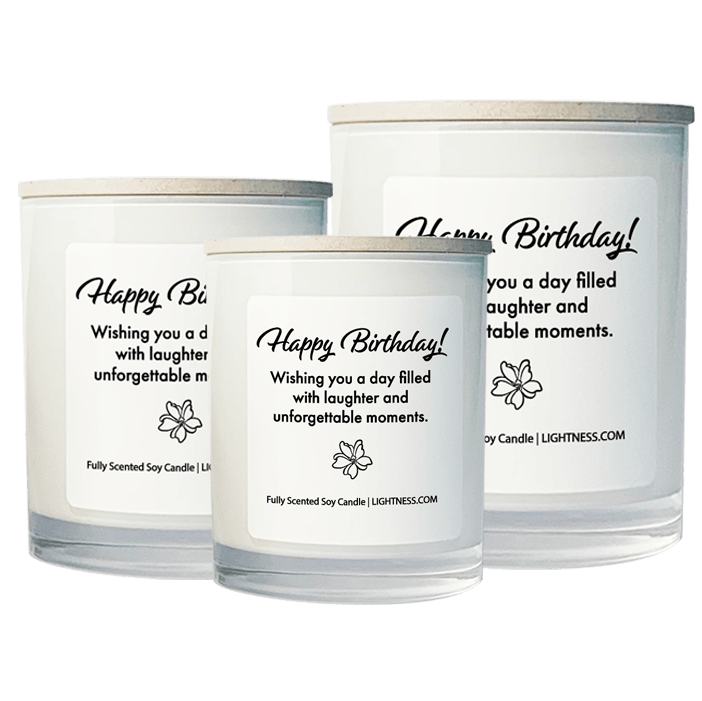 3 Candles in white glass jars - XL, large, medium with Birthday quote - Wishing you a day filled with laughter and unforgettable moments.