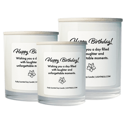 3 Candles in white glass jars - XL, large, medium with Birthday quote - Wishing you a day filled with laughter and unforgettable moments.