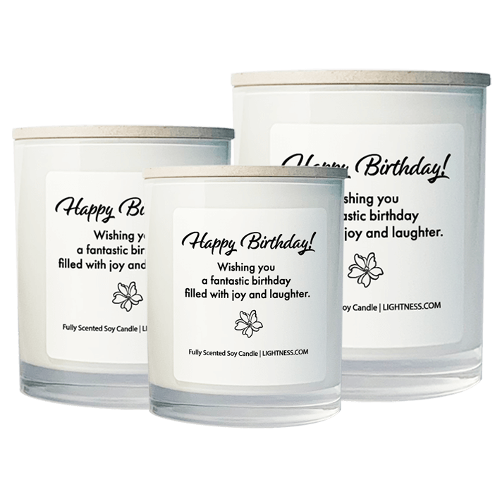 3 Candles in white glass jars - XL, large, medium with Birthday quote - Wishing you a fantastic birthday filled with joy and laughter.