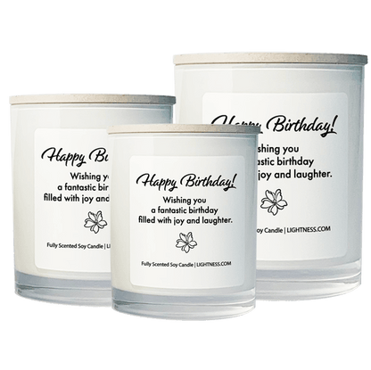 3 Candles in white glass jars - XL, large, medium with Birthday quote - Wishing you a fantastic birthday filled with joy and laughter.