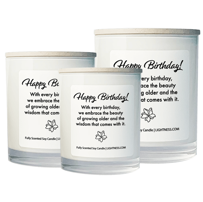 3 Candles in white glass jars - XL, large, medium with Birthday quote - With every birthday, we embrace the beauty of growing older and the wisdom that comes with it.