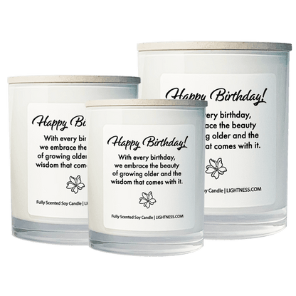 3 Candles in white glass jars - XL, large, medium with Birthday quote - With every birthday, we embrace the beauty of growing older and the wisdom that comes with it.