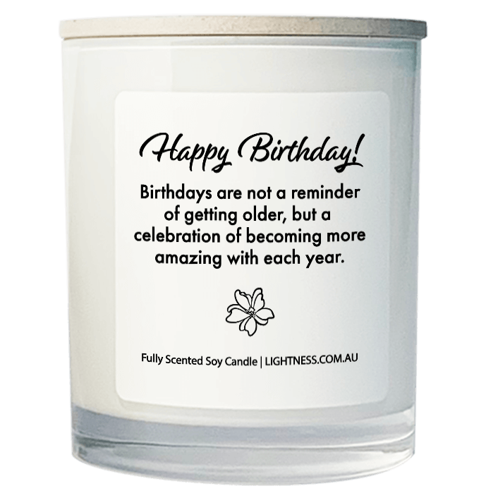 Candle in white glass jar with Birthday quote - Birthdays are not a reminder of getting older, but a celebration of becoming more amazing with each year.