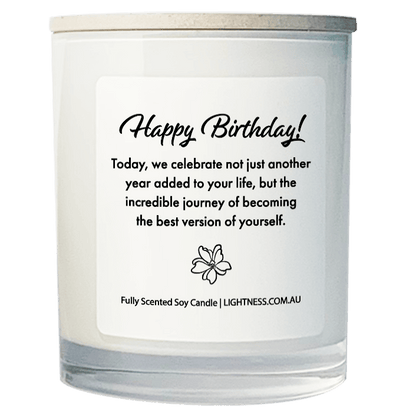 Candle in white glass jar with Birthday quote - Today, we celebrate not just another year added to your life, but the incredible journey of becoming the best version of yourself.