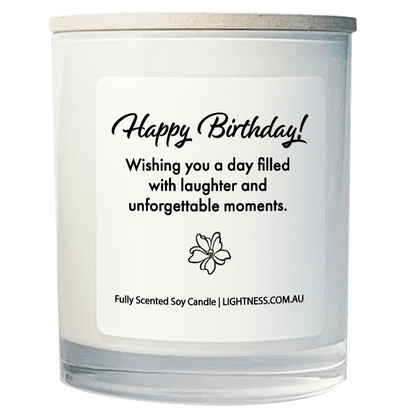 Candle in white glass jar on hand with Birthday quote - Wishing you a day filled with laughter and unforgettable moments.