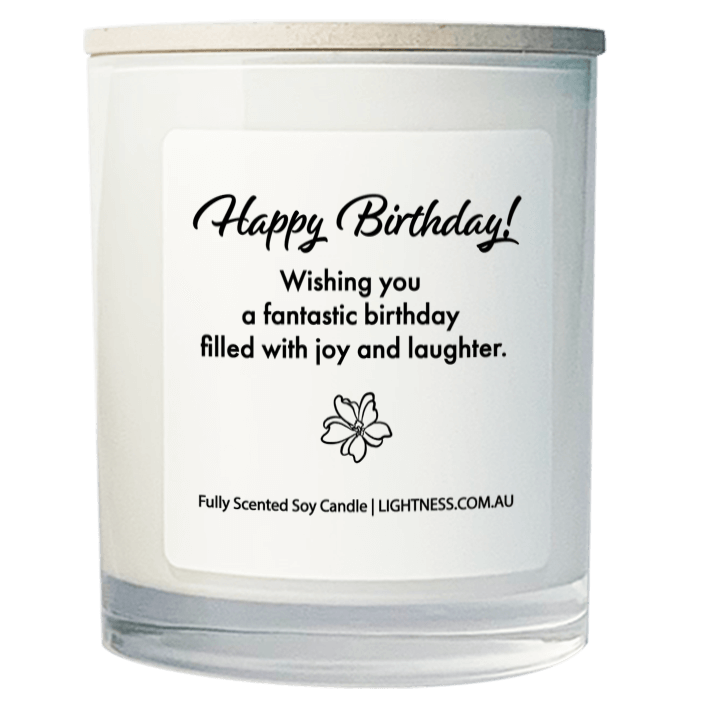 Candle in white glass jar with Birthday quote - Wishing you a fantastic birthday filled with joy and laughter.