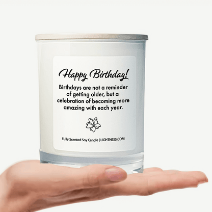 Candle in white glass jar on hand with Birthday quote - Birthdays are not a reminder of getting older, but a celebration of becoming more amazing with each year.