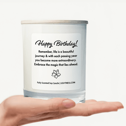 Candle in white glass jar on hand with Birthday quote - Remember, life is a beautiful journey, and with each passing year, you become more extraordinary. Embrace the magic that lies ahead.