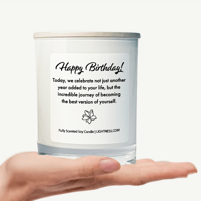 Candle in white glass jar on hand with Birthday quote - Today, we celebrate not just another year added to your life, but the incredible journey of becoming the best version of yourself.