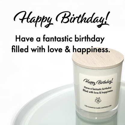 Candle in white glass jar reflected in mirror with Birthday quote - Have a fantastic birthday filled with love and happiness.