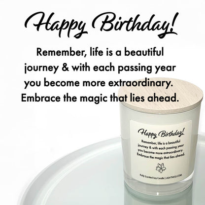 Candle in white glass jar reflected in mirror with Birthday quote - Remember, life is a beautiful journey, and with each passing year, you become more extraordinary. Embrace the magic that lies ahead.