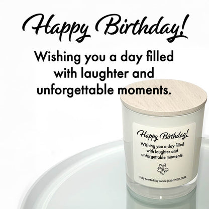 Candle in white glass jar reflected in mirror with Birthday quote - Wishing you a day filled with laughter and unforgettable moments.