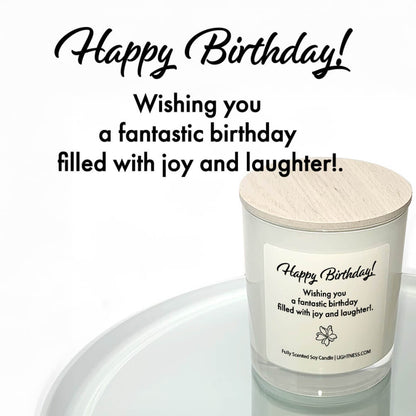 Candle in white glass jar reflected in mirror with Birthday quote - Wishing you a fantastic birthday filled with joy and laughter.