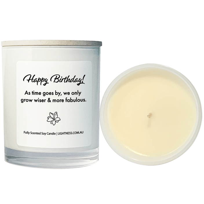 Candle from front and top view with Birthday quote - As time goes by, we only grow wiser and more fabulous.