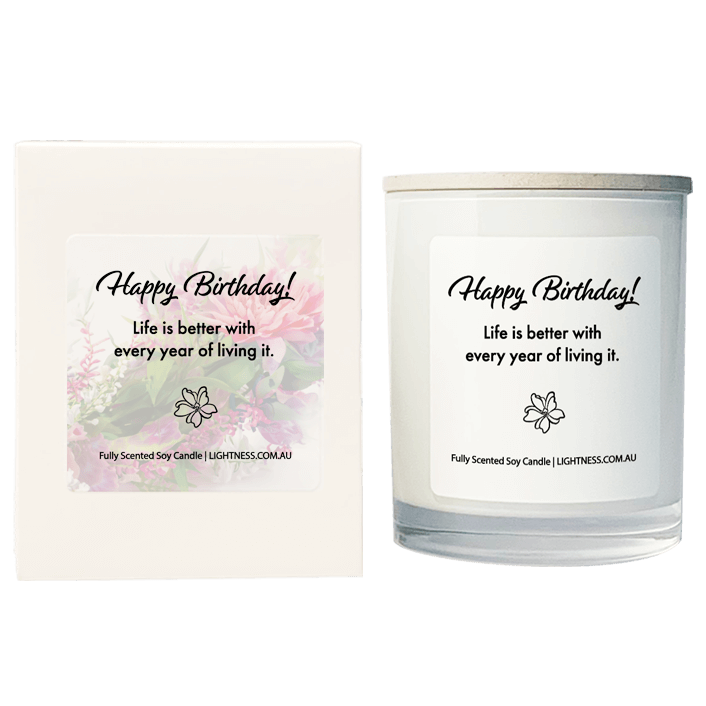 Candle in white glass jar with White Gift Box - Life is better with every year of living it.