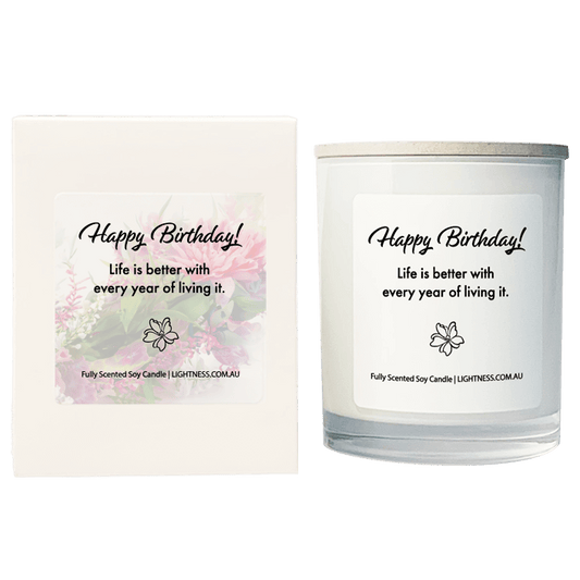 Candle in white glass jar with White Gift Box - Life is better with every year of living it.