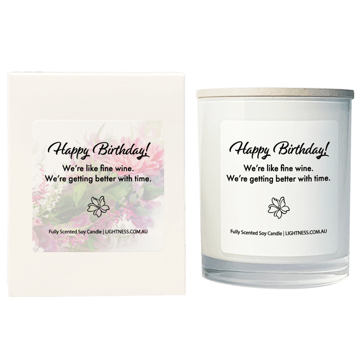 Candle in white glass jar with White Gift Box - Happy Birthday! We're like fine wine. We're getting better with time.