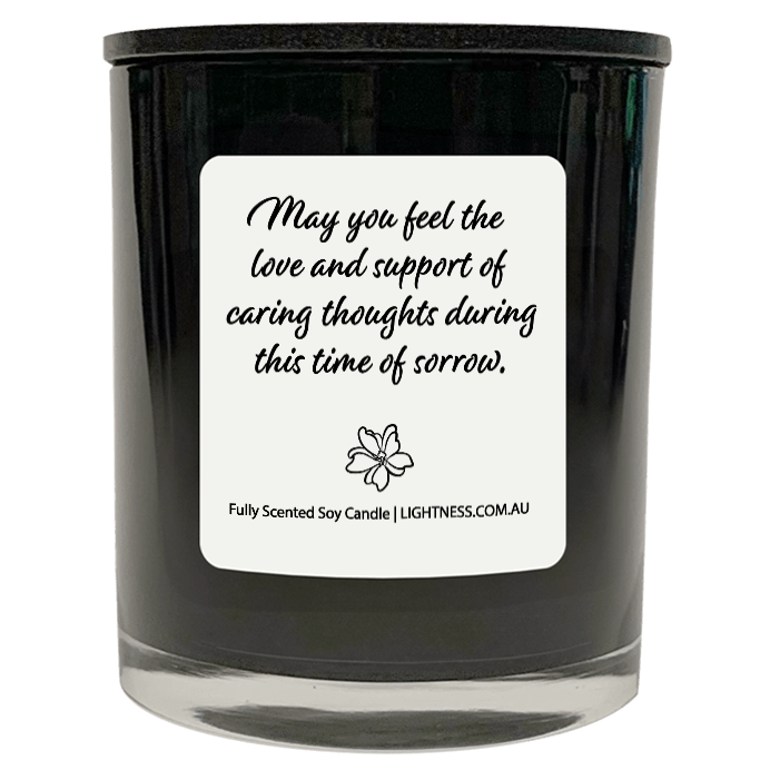 Candle in black glass jar with Condolence quote - May you feel the love and support of caring thoughts during this time of sorrow.