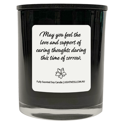 Candle in black glass jar with Condolence quote - May you feel the love and support of caring thoughts during this time of sorrow.