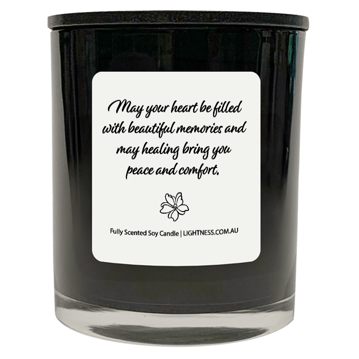 Candle in black glass jar with Condolence quote - May your heart be filled with beautiful memories and may healing bring you peace and comfort.