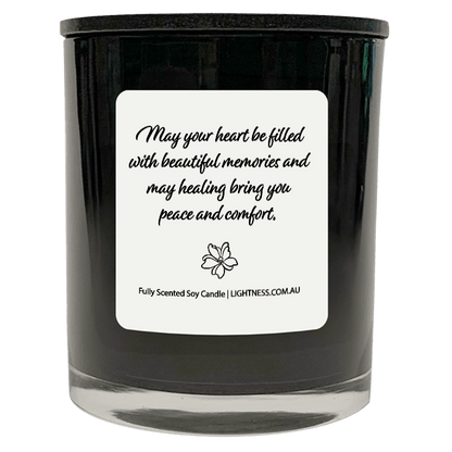 Candle in black glass jar with Condolence quote - May your heart be filled with beautiful memories and may healing bring you peace and comfort.