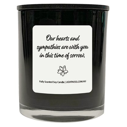 Candle in black glass jar with Condolence quote - Our hearts are with you in this time of sorrow.