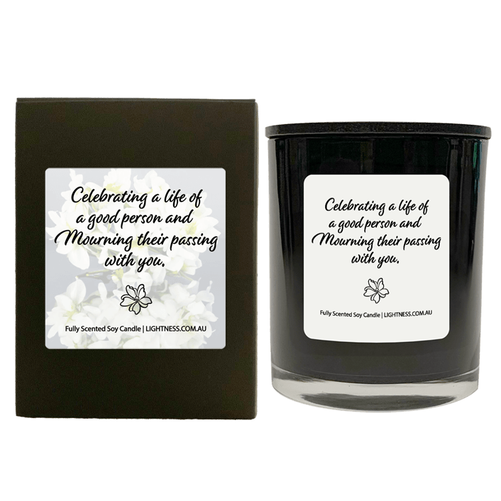 Candle in black  glass jar with black Gift Box - Celebrating a life of a good person and mourning their passing with you.