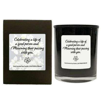 Candle in black  glass jar with black Gift Box - Celebrating a life of a good person and mourning their passing with you.