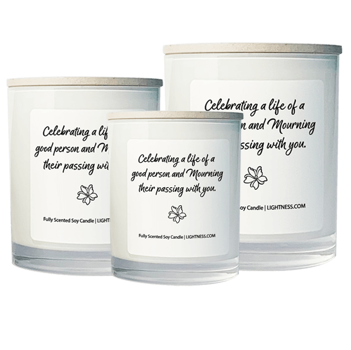 3 Candles in white glass jars - XL, large, medium with Condolence quote - Celebrating a life of a good person and mourning their passing with you.