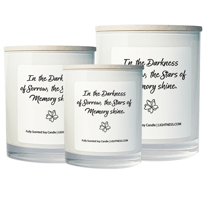 3 Candles in white glass jars - XL, large, medium with Condolence quote - In the darkness of sorrow, the stars of memory shine.