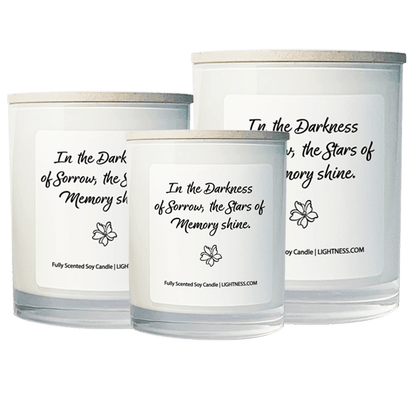 3 Candles in white glass jars - XL, large, medium with Condolence quote - In the darkness of sorrow, the stars of memory shine.