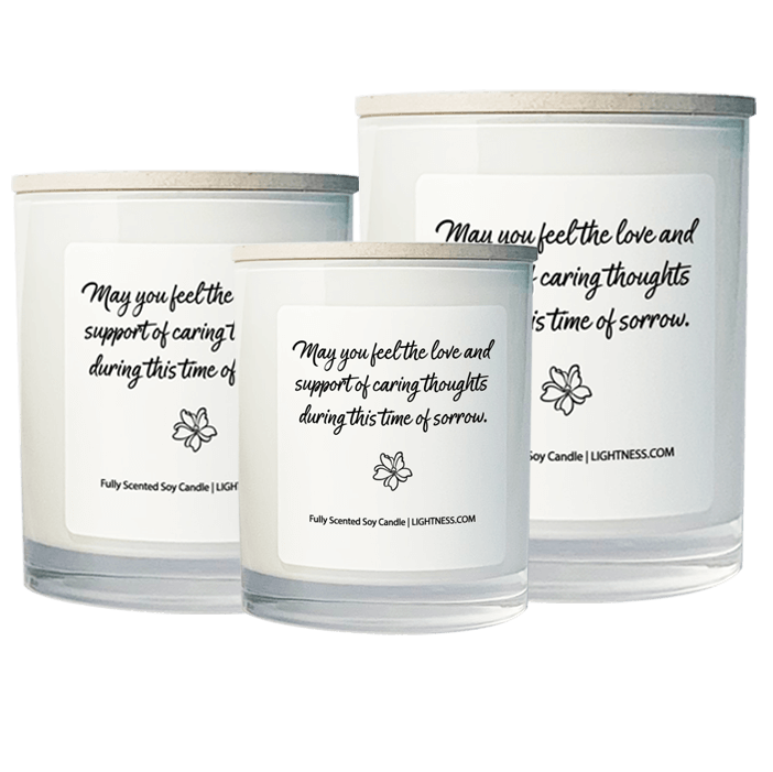 3 Candles in white glass jars - XL, large, medium with Condolence quote - May you feel the love and support of caring thoughts during this time of sorrow.