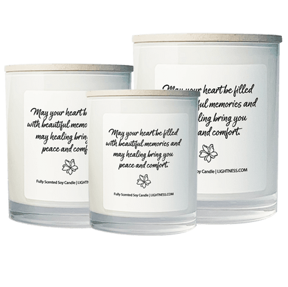 3 Candles in white glass jars - XL, large, medium with Condolence quote - May your heart be filled with beautiful memories and may healing bring you peace and comfort.