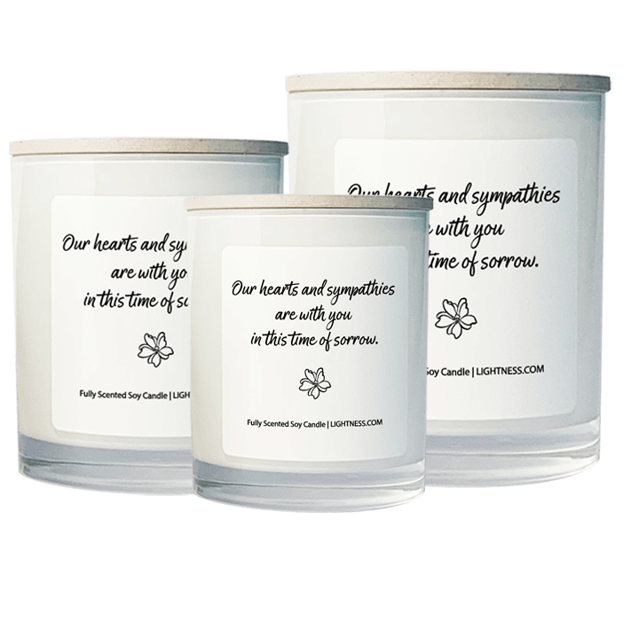 3 Candles in white glass jars - XL, large, medium with Condolence quote - Our hearts are with you in this time of sorrow.